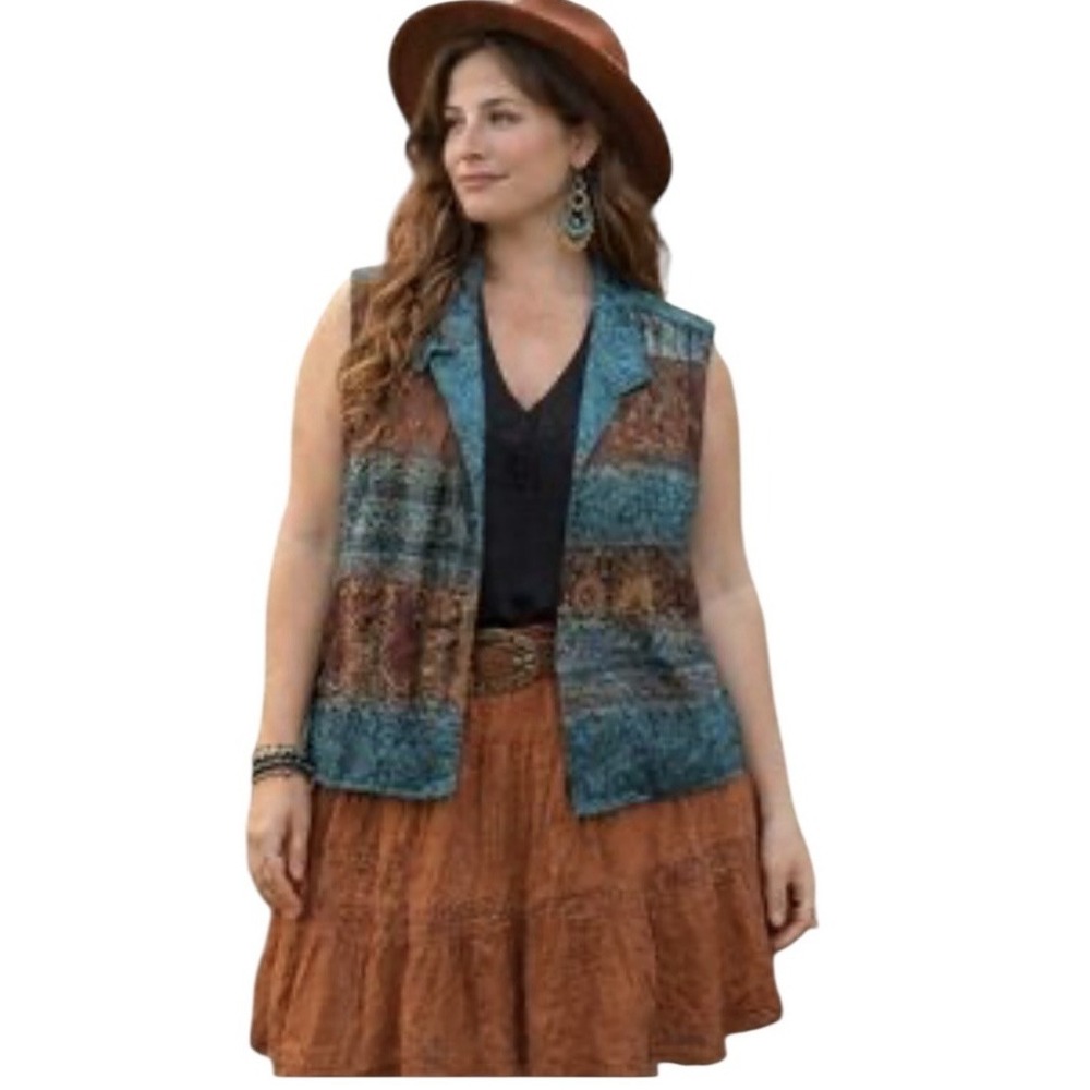 Silk Brocade Patchwork Print Vest Women's Size L Boho Indie Western